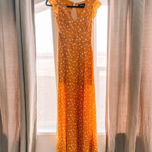 Lulu's Yellow Floral Maxi Dress with Ruffle Cap Sleeves